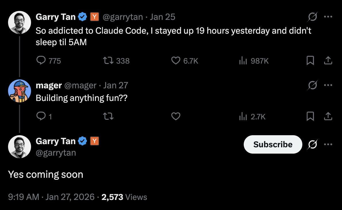 Garry Tan tweeting about staying up 19 hours using Claude Code, and replying "Yes coming soon" when asked what he's building